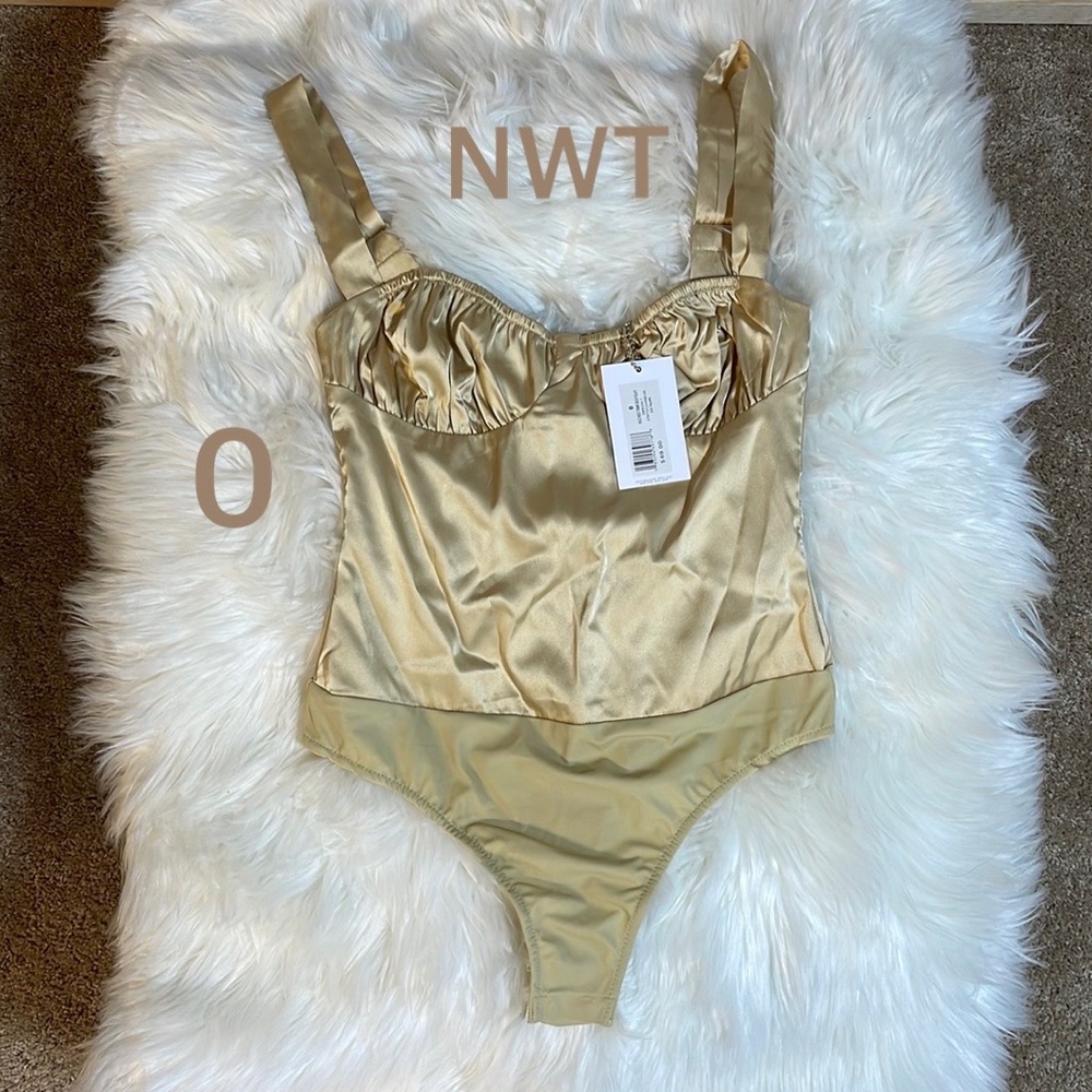 NWT gold satin bodysuit ( 0) we wore what thong ruched bust wide support straps